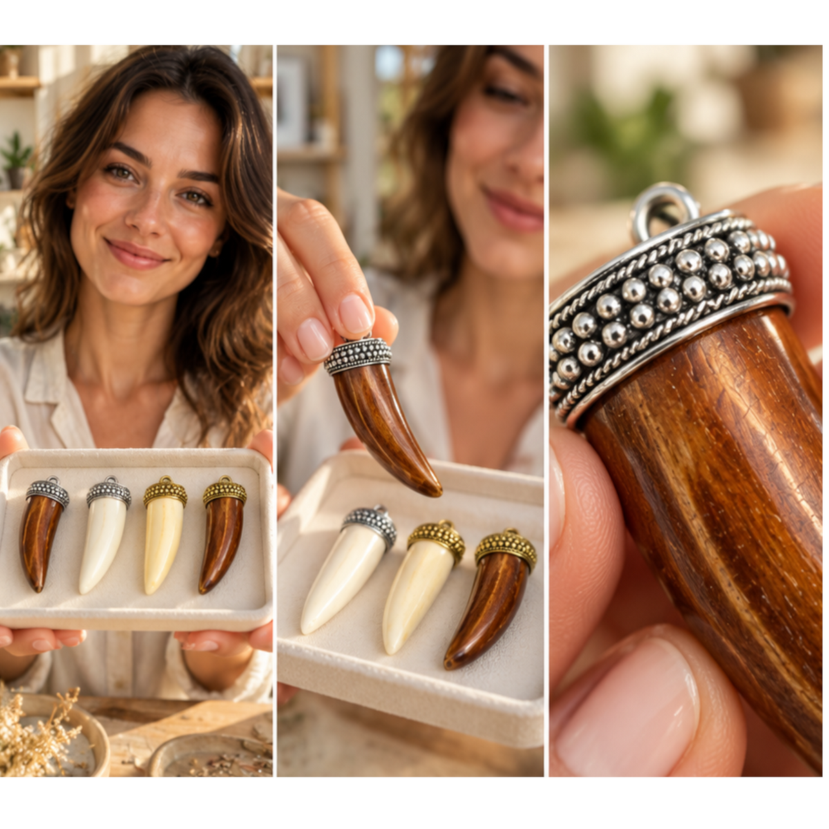 Collage of ox bone tusk pendants on a display tray, one held in hand, and a close-up of the silver dotted cap and loop