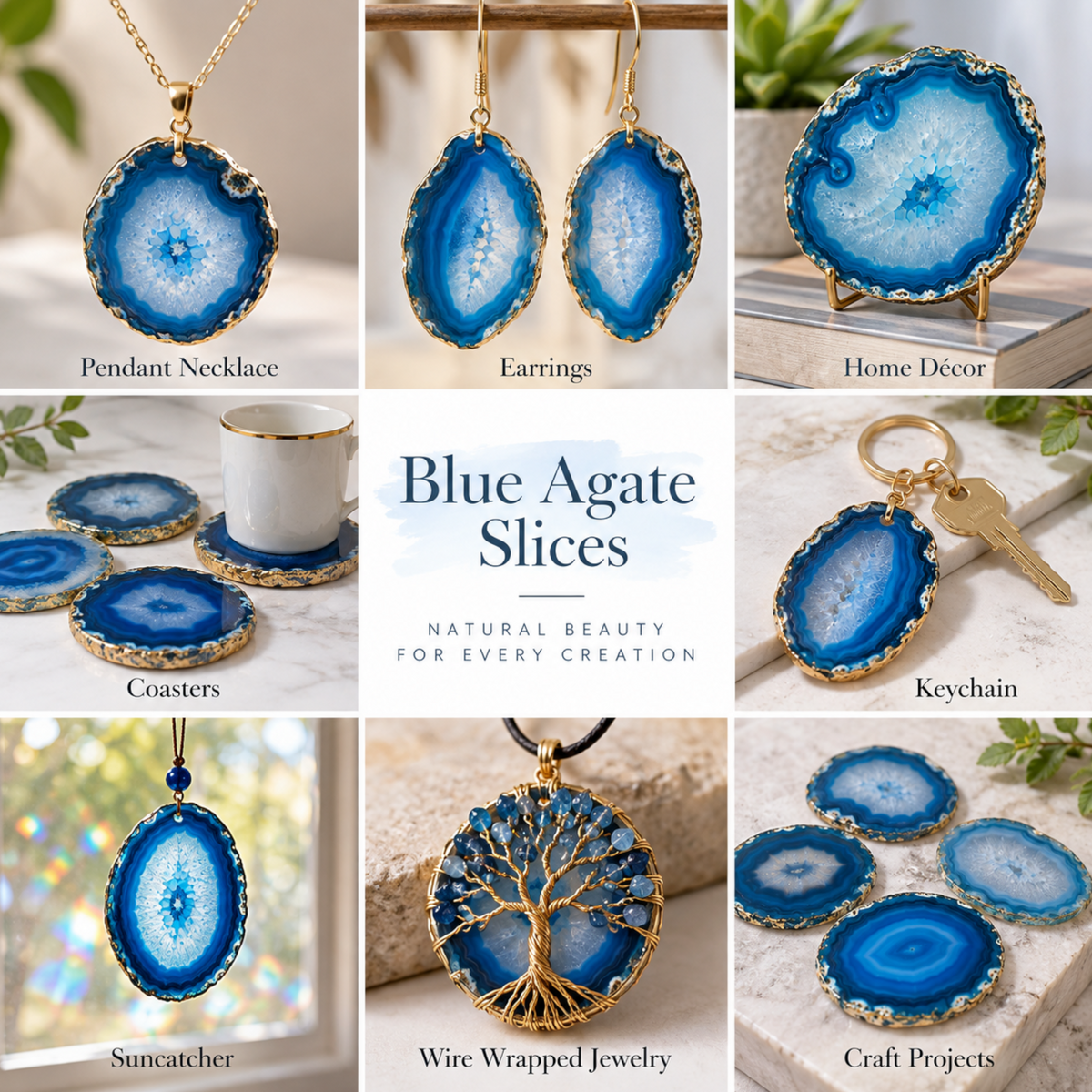 Blue agate geode slices used in jewelry and home decor
