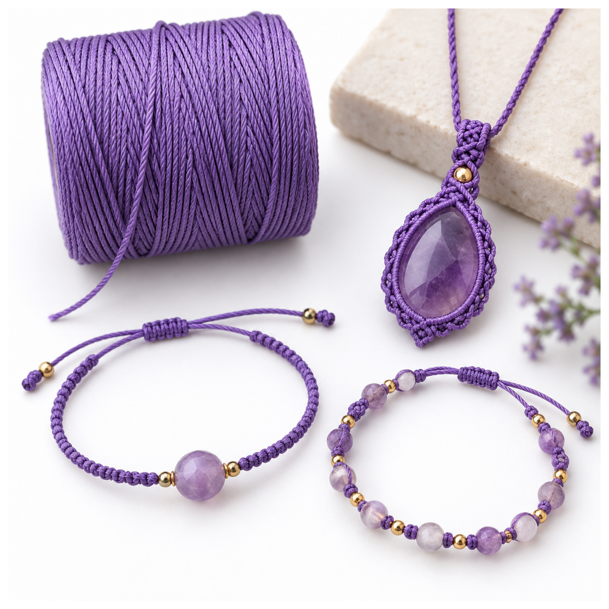 Purple S-Lon 210 cord spool with handmade macrame gemstone necklace and bracelets