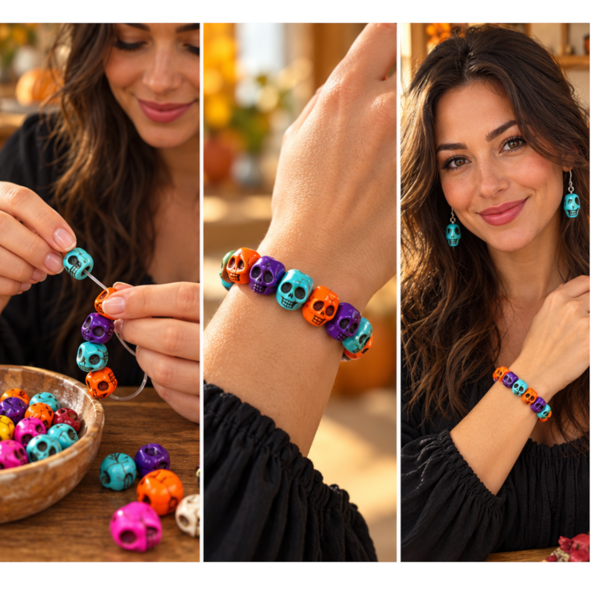 Making a colorful skull bead bracelet and wearing the finished bracelet with turquoise-blue skull earrings