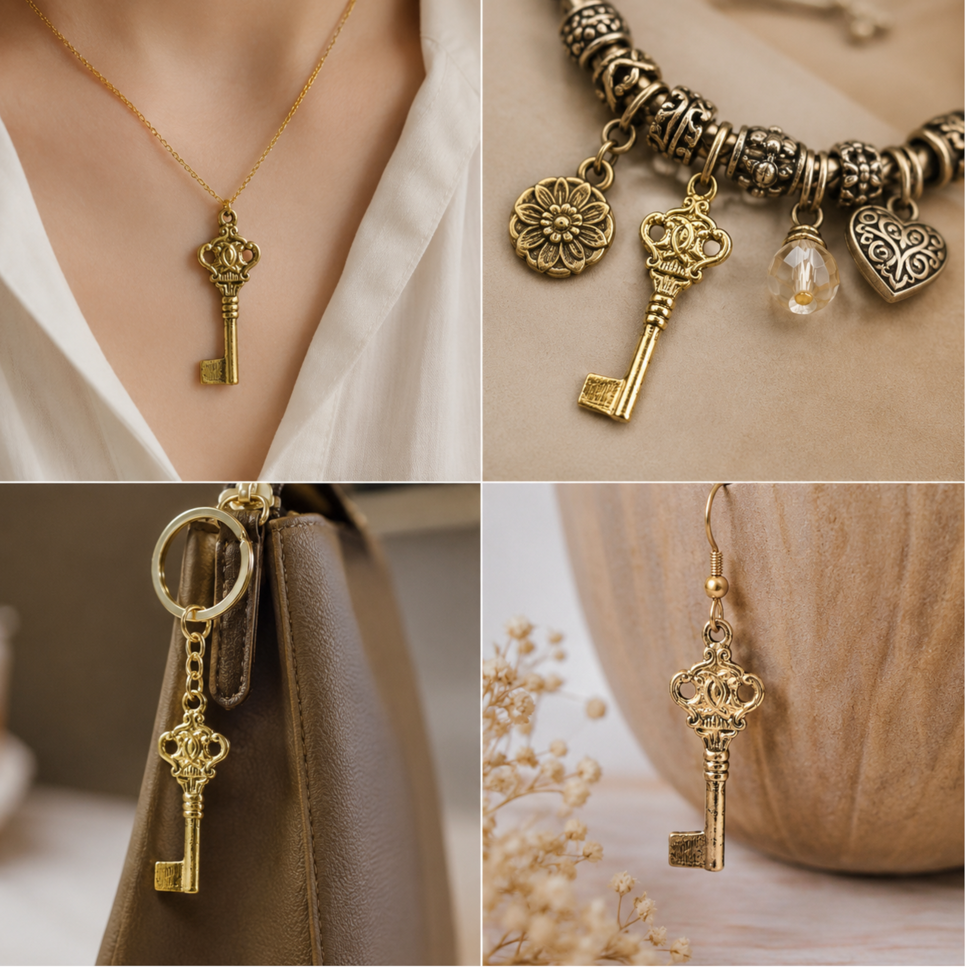  "Antique gold skeleton key charm styled as a necklace pendant, charm bracelet, bag keychain, and drop earring"