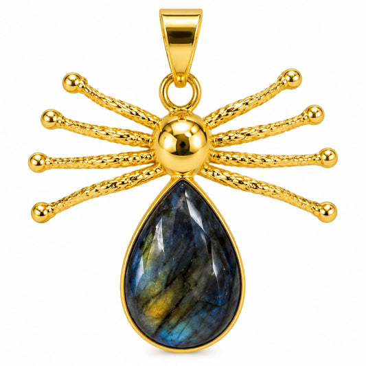 Labradorite Spider Charm Pendant – Gold Tone, 30mm × 42mm