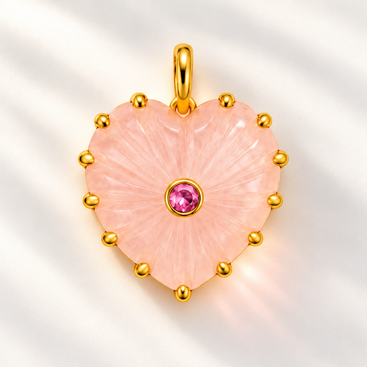 Carved Gemstone Heart Pendants with Faceted Center Stones – Gold Tone