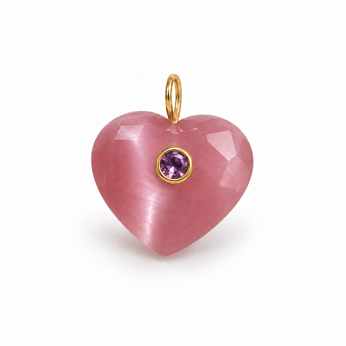 A pink faceted heart-shaped pendant charm with a small gold bail at the top and a bezel-set purple gemstone at the center, shown on a clean white background.