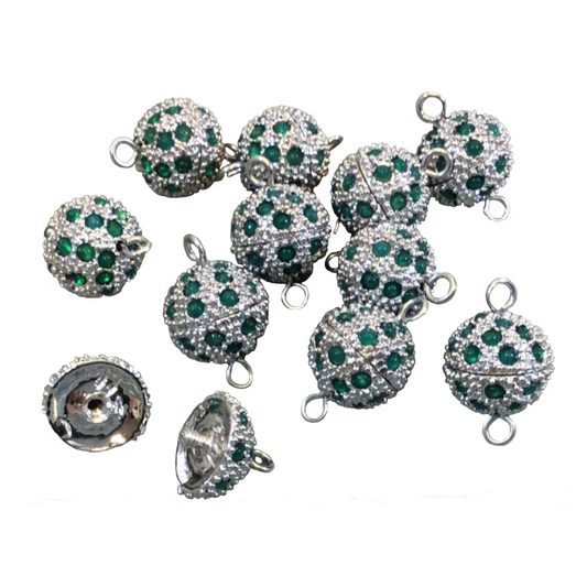 11mm Pave Style Green Glass Encrusted Silver Plated Round/Ball Shaped Threaded Twist Clasps- Sold Individually - Elegant and Classy