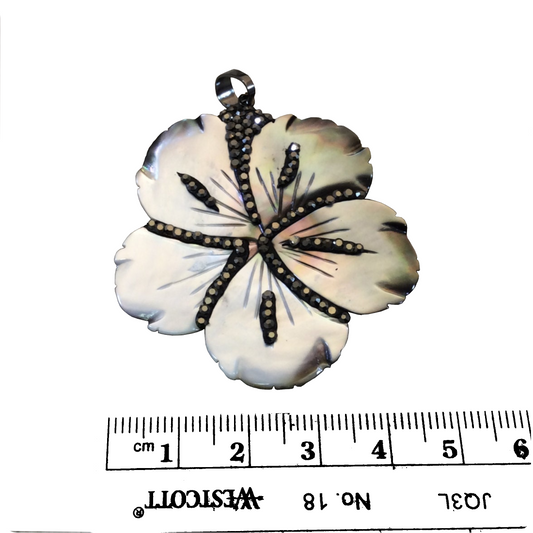 1.5" Pave Rhinestone Encrusted Hibiscus Shaped Abalone Pendant with Dark Gray Rhinestones and Attached Bail - Measuring 40-45mm, Approx.