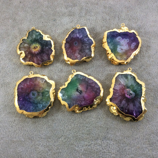 Large Gold Electroplated Rainbow Dyed Druzy Solar Quartz Freeform Shaped Pendant - Measuring 40-45mm Approx. - Sold Individually, Random