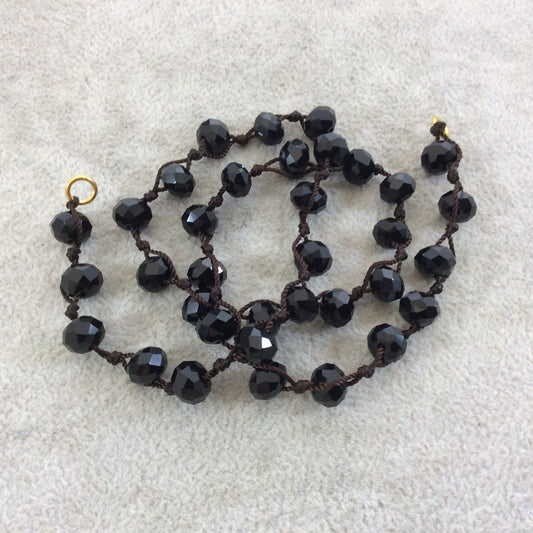 Black Crystal Bead Necklace: Faceted Rondelle, 18" Dark Brown Thread
