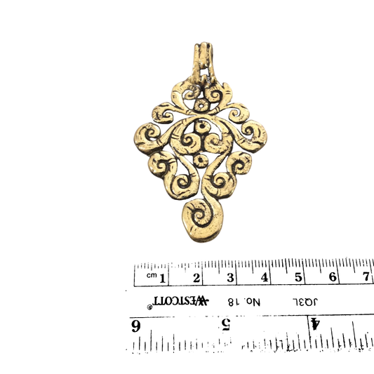 1.75" Heavy Oxidized Brass Detailed Swirled Diamond Shaped Pendant with Attached Bail  - Measuring 43mm x 69mm, Approx. - Sold Individually