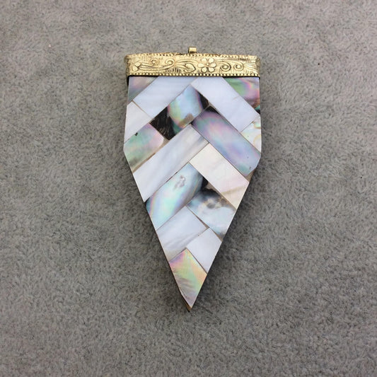 3" Iridescent White/Gray Chevron Arrow Shaped Brown Wooden Pendant with Natural Abalone Shell Overlay - Measuring 44mm x 80mm