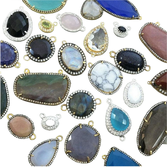 Agate Bezel | Gold Finish CZ Cubic Zirconia Rimmed Faceted Natural Wide Oval Shaped Pendant - Measures 22.5mm x 24mm - Sold Individually