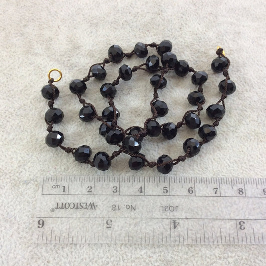 Black Crystal Bead Necklace: Faceted Rondelle, 18" Dark Brown Thread
