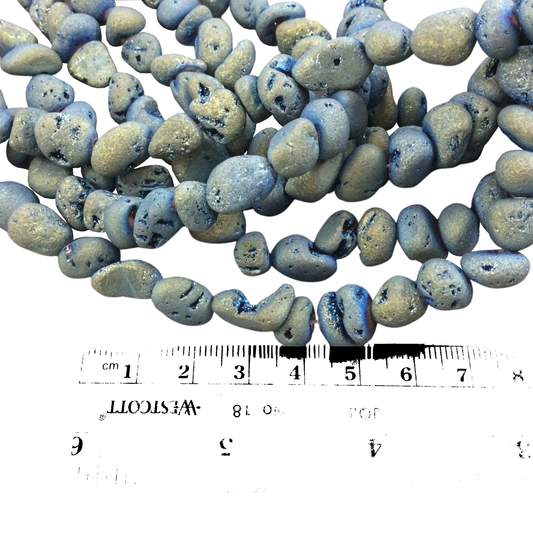 Druzy Agate Beads Light Blue/Gold, 10-12mm Matte Freeform Nugget, Premium Titanium Finish, 1mm Holes, Sold by 16" Strands (Approx. 35-40 Beads)
