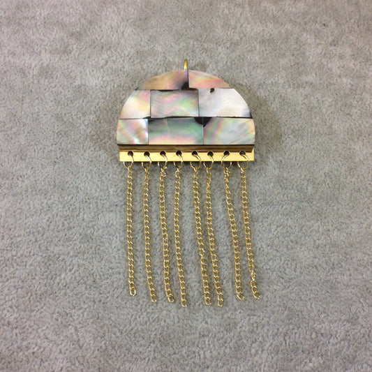 Abalone Pendant| Jellyfish Shaped Natural Abalone Shell And Wood Pendant | Focal Pendant With Gold Plated Chain | White Gray Rainbow pendant