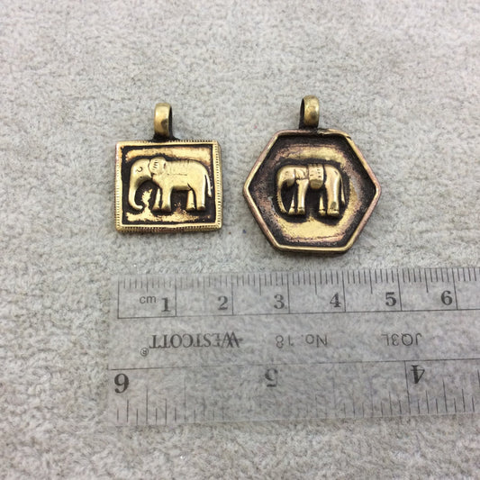 1" Oxidized Gold Plated Rustic Cast Elephant Icon Copper Rectangle or Hexagon Pendant with Attached Ring  - Two Sizes/Shapes Available!