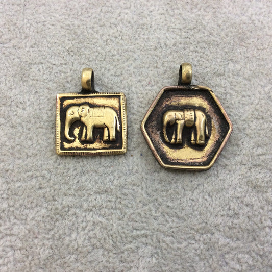 1" Oxidized Gold Plated Rustic Cast Elephant Icon Copper Rectangle or Hexagon Pendant with Attached Ring  - Two Sizes/Shapes Available!