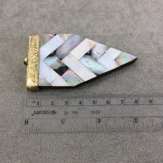 3" Iridescent White/Gray Chevron Arrow Shaped Brown Wooden Pendant with Natural Abalone Shell Overlay - Measuring 44mm x 80mm