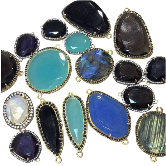 Agate Pendant | Natural Faceted Agate Oval Pendant, Gold Finish Bezel with CZ Cubic Zirconia Rim, Wide Oval Gemstone Jewelry, 22.5mm x 24mm