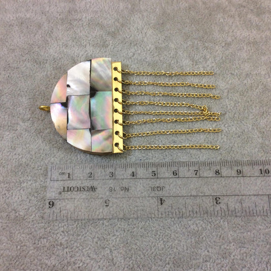 Abalone Pendant| Jellyfish Shaped Natural Abalone Shell And Wood Pendant | Focal Pendant With Gold Plated Chain | White Gray Rainbow pendant