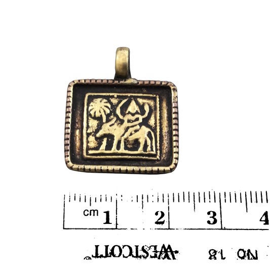 1" Oxidized Gold Plated Rustic 'Shiva Riding Bull' Copper Rectangle God/Deity Pendant with Attached Ring  - 20mm x  18mm, Approximately