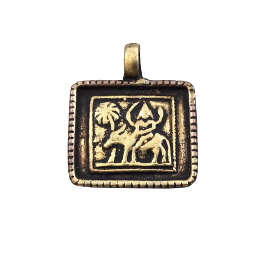 1" Oxidized Gold Plated Rustic 'Shiva Riding Bull' Copper Rectangle God/Deity Pendant with Attached Ring  - 20mm x  18mm, Approximately