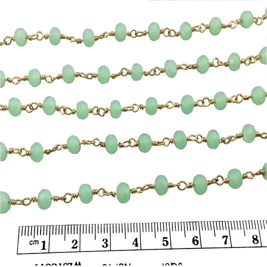 Rosary Chain: Gold-Plated Copper Wrapped with 6mm Faceted Opaque Light Green Glass Rondelle Beads – Sold by the Foot