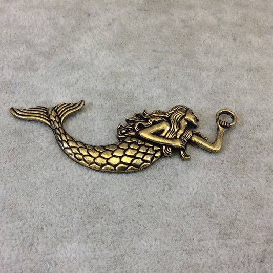 3" Brass Finish Large Detailed Mermaid Shaped Pendant with Attached Ring  - Measures ~ 25mm x 70mm - Sold Individually