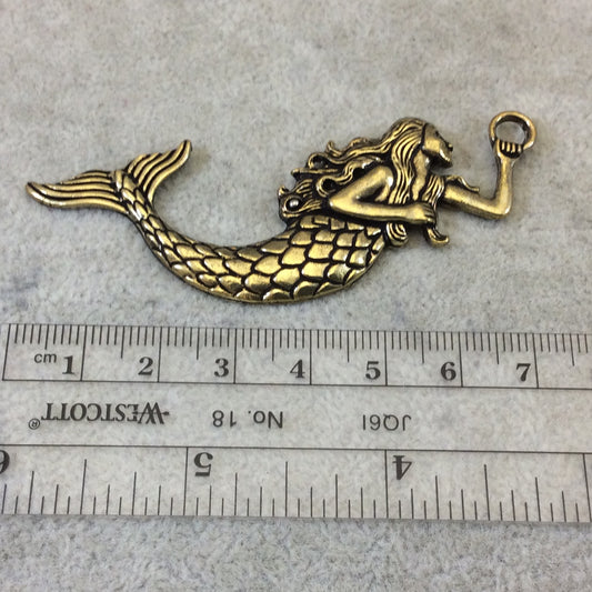 3" Brass Finish Large Detailed Mermaid Shaped Pendant with Attached Ring  - Measures ~ 25mm x 70mm - Sold Individually