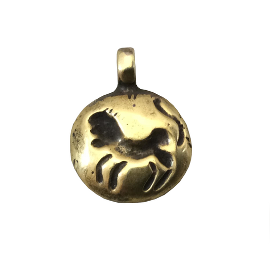 15mm x 15mm Oxidized Gold Plated Rustic Cast Standing Lion Icon Copper Round Shaped Pendant w/ Attached Ring  - Sold Individually (K-8)