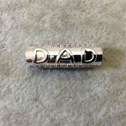 Silver Plated CZ Cubic Zirconia Inlaid Curved Tube/Macaroni Shaped "DAD" Bead W White CZ -  ~ 7mm x 21mm,  - Sold Individually, Random