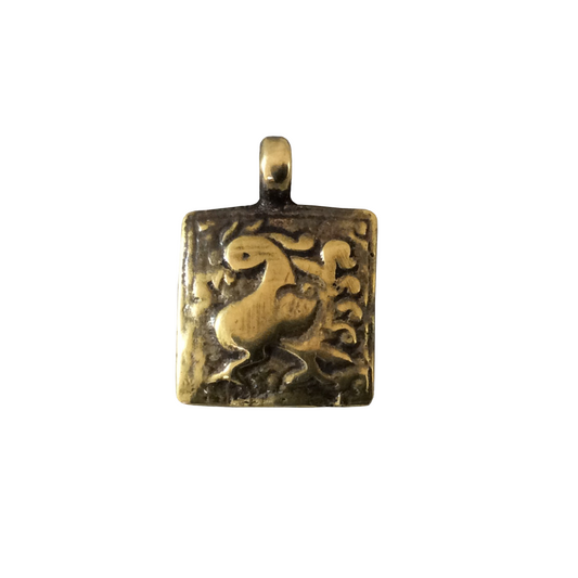 Copper Square Pendant with Attached Ring - Walking Chicken Design - Oxidized Gold Plated Rustic Cast Pendant
