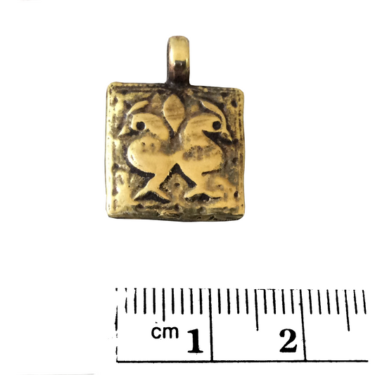 15mm x 15mm Oxidized Gold Plated Rustic Cast Twin Birds Icon Copper Square Shape Pendant W Attached Ring  - Sold Individually (K-105)