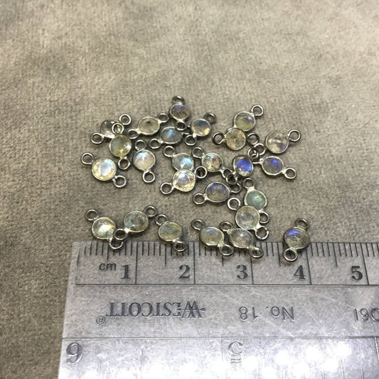 BULK PACK of Six (6) Gunmetal Sterling Silver Pointed/Cut Stone Faceted Round/Coin Shaped Labradorite Bezel Connectors - Measuring 4mm x 4mm
