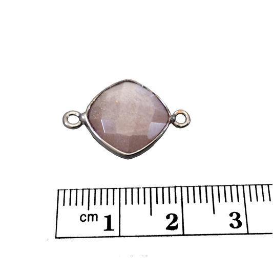 Gunmetal Finish Faceted Peach Moonstone Diamond Shape Plated Copper Bezel Connector Component - ~ 12mm x 12mm - Sold Individually - RANDOM
