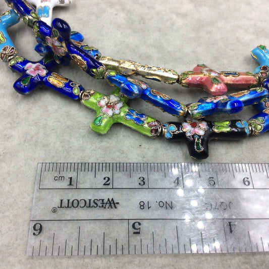 18mm x 26mm Decorative Floral Multicolor Puffed Cross Shape Metal/Enamel Cloisonné Beads - Sold by 15" Strands (~ 15 Beads Per Strand)