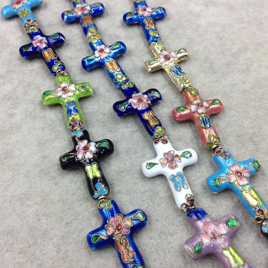 18mm x 26mm Decorative Floral Multicolor Puffed Cross Shape Metal/Enamel Cloisonné Beads - Sold by 15" Strands (~ 15 Beads Per Strand)