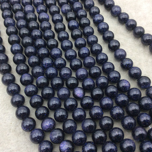 Blue Goldstone  Beads - 8mm Smooth Round/Ball Shape, Glittery Dark Blue, Manmade Synthetic Gemstone - 15.25" Strand with Approx. 48 Beads