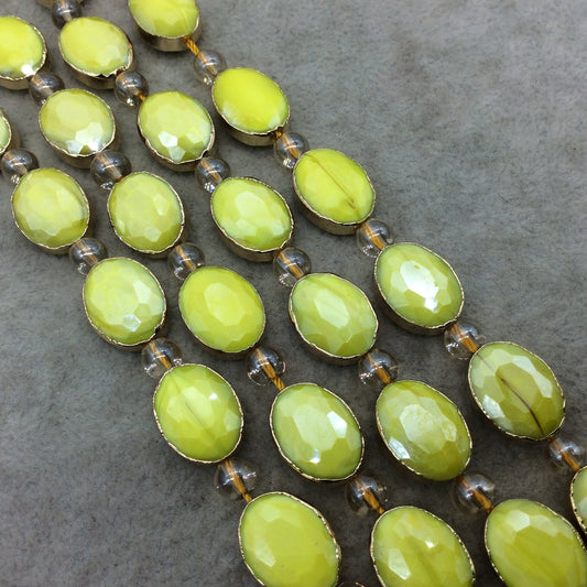 Chinese Crystal Beads | 12mm x 16mm Gold Electroplated Glossy Finish Faceted Opaque Cadmium Yellow Oval Glass Beads