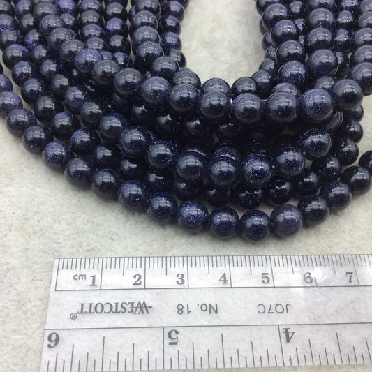 Blue Goldstone  Beads - 8mm Smooth Round/Ball Shape, Glittery Dark Blue, Manmade Synthetic Gemstone - 15.25" Strand with Approx. 48 Beads