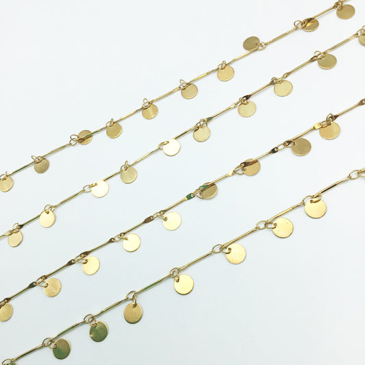 Disc Bar Dangle Chain - 6mm Circle Shaped Dangles and Skinny Links - Sold By the Foot! - Available in Gold and Silver