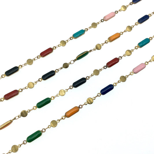 Enameled Brass 2-Sided Dot-Dash Cable/Link Chain - 3mm x 10mm Bar Links With Brass Dots - Sold By the Foot!