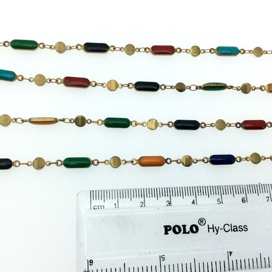 Enameled Brass 2-Sided Dot-Dash Cable/Link Chain - 3mm x 10mm Bar Links With Brass Dots - Sold By the Foot!