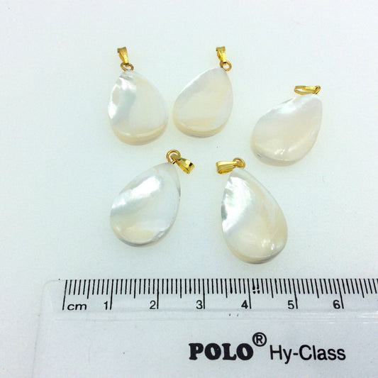 1" White/Ivory Teardrop Shaped Natural Mother of Pearl Pendant with Gold Bail - Measuring 15mm x 25mm - High Quality Gemstone