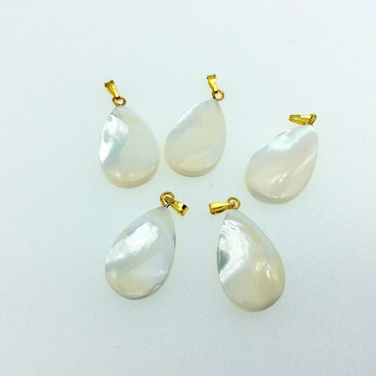 1" White/Ivory Teardrop Shaped Natural Mother of Pearl Pendant with Gold Bail - Measuring 15mm x 25mm - High Quality Gemstone
