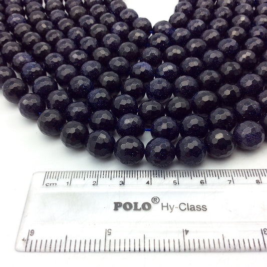 Dark Blue Goldstone faceted Beads  8mm 10mm 12mm Round  Glittery Smooth Ball  Manmade Gemstone Beads for Jewelry Making, 14.5 Strand