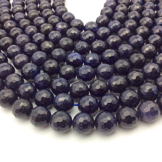 Dark Blue Goldstone faceted Beads  8mm 10mm 12mm Round  Glittery Smooth Ball  Manmade Gemstone Beads for Jewelry Making, 14.5 Strand