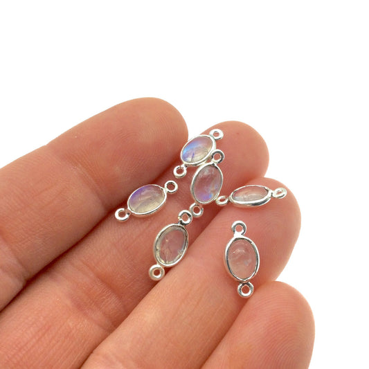 Sterling Silver Moonstone Bezel Connectors  Oval, 5x7mm (Bulk Pack of 6)