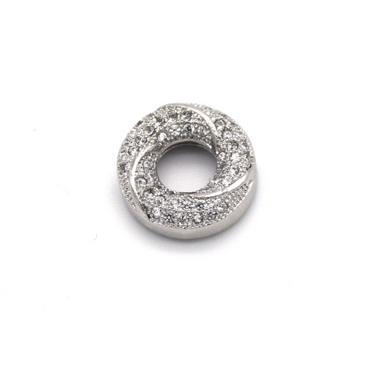 13mm x 13mm Silver Plated Cubic Zirconia Encrusted/Inlaid Swirled Donut/Ring Shaped Bead