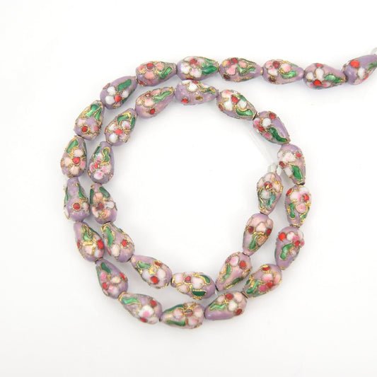 7mm x 13mm Decorative Floral Lavender Teardrop Shaped Metal/Enamel Cloisonné Beads - Sold by 15" Strands (~ 32 Beads Per Strand)