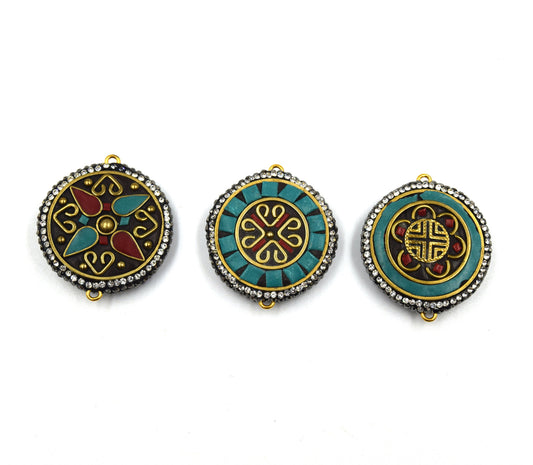 1.5" Tibetan Mandala Reversible Design Medallion Coin Shaped Connector Encrusted with Cubic Zirconia - 32mm x 32mm - Sold Individually